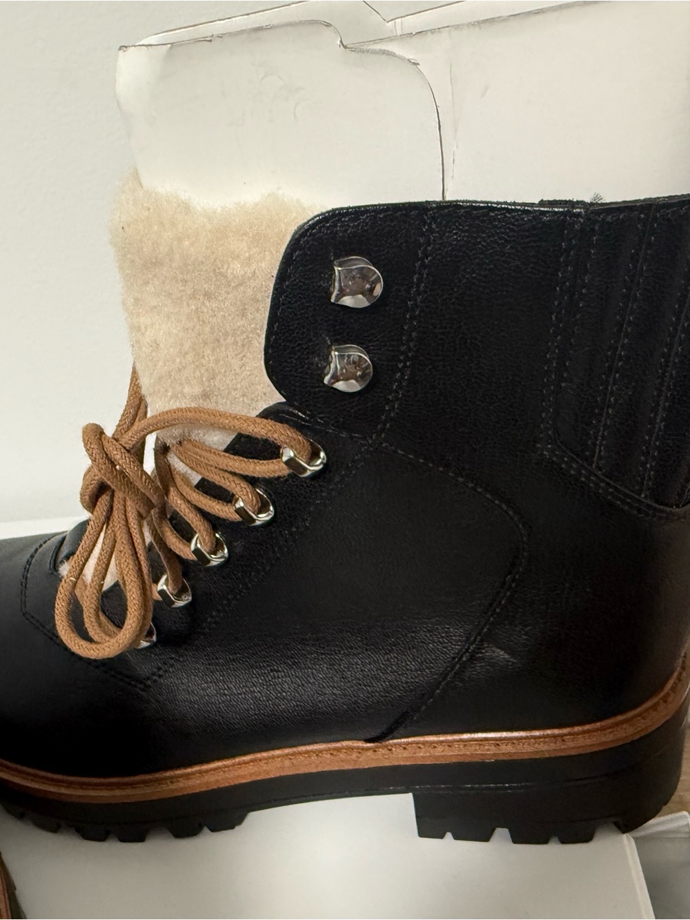 Nine West Black Leather Combat Boots with Tan Laces